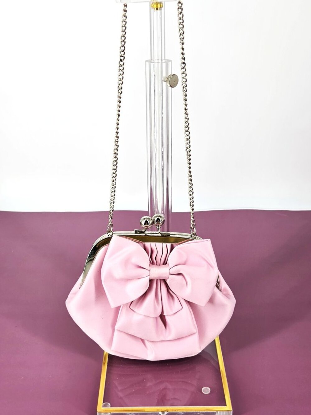 Pink La Regale Satin Fabric Small Evening Bag Large Bow Silver Metal Kiss Close